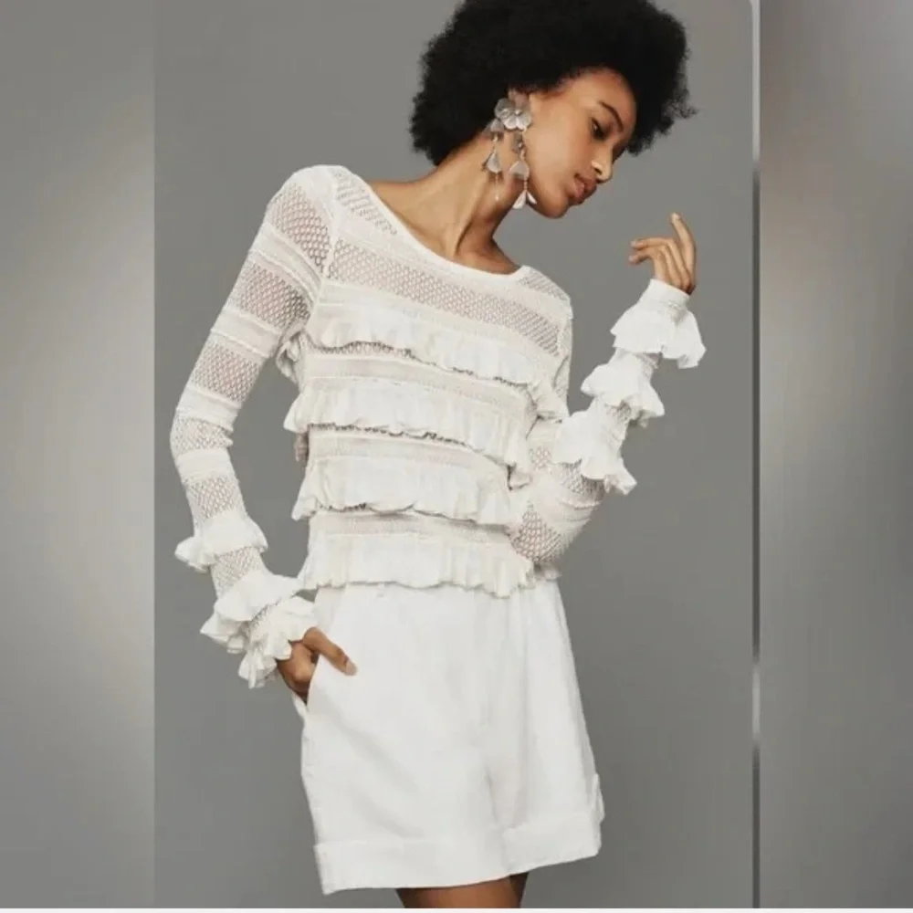 Anthropologie White Ruffled Sheer Knit Blouse | Romantic Statement Top | Size M